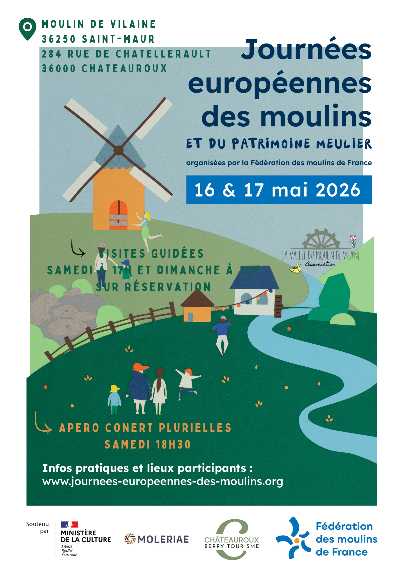 Affiche journée du patrimoine des moulins meuilers 16 17 mai 2026